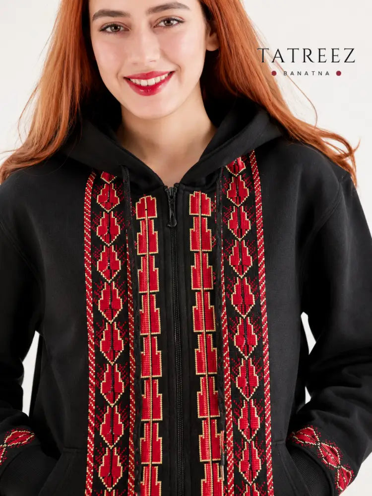 Palestinian Embroidered Zipper Hoodie – Handmade Tatreez - Clothing & Wearables