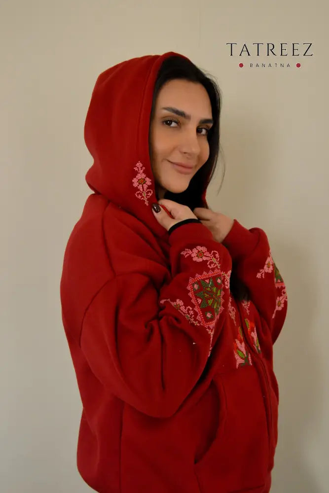 Passion Red Zipper Hoodie with Palestinian Embroidery | Modern Meets Tradition in Style Clothing & Wearables