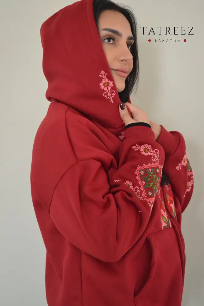 Passion Red Zipper Hoodie with Palestinian Embroidery | Modern Meets Tradition in Style Clothing & Wearables