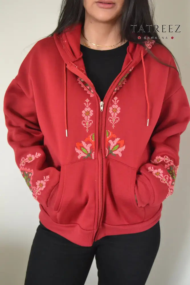 Passion Red Zipper Hoodie with Palestinian Embroidery | Modern Meets Tradition in Style Clothing & Wearables