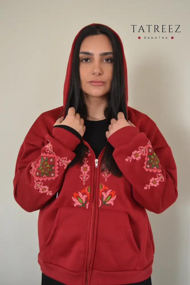 Passion Red Zipper Hoodie with Palestinian Embroidery | Modern Meets Tradition in Style Clothing & Wearables