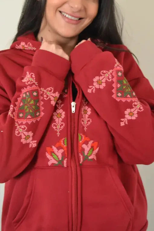 Passion Red Zipper Hoodie with Palestinian Embroidery | Modern Meets Tradition in Style Clothing & Wearables