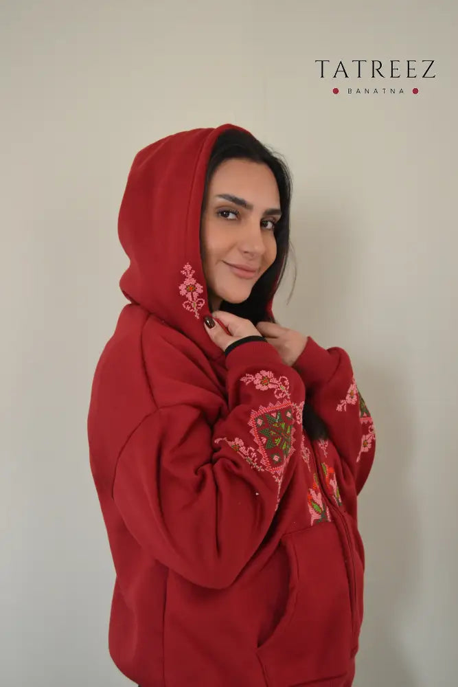 Passion Red Zipper Hoodie with Palestinian Embroidery | Modern Meets Tradition in Style Clothing & Wearables
