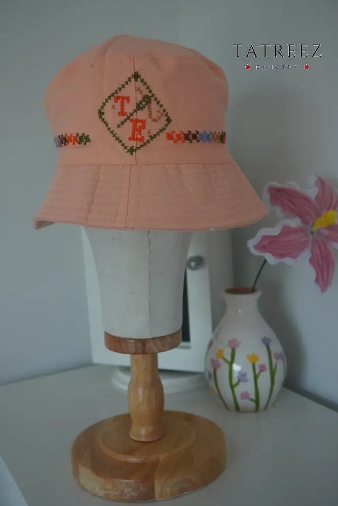 Handmade Peach/Pink Bucket Hat with TB Logo and Simple Embroidery Clothing & Wearables