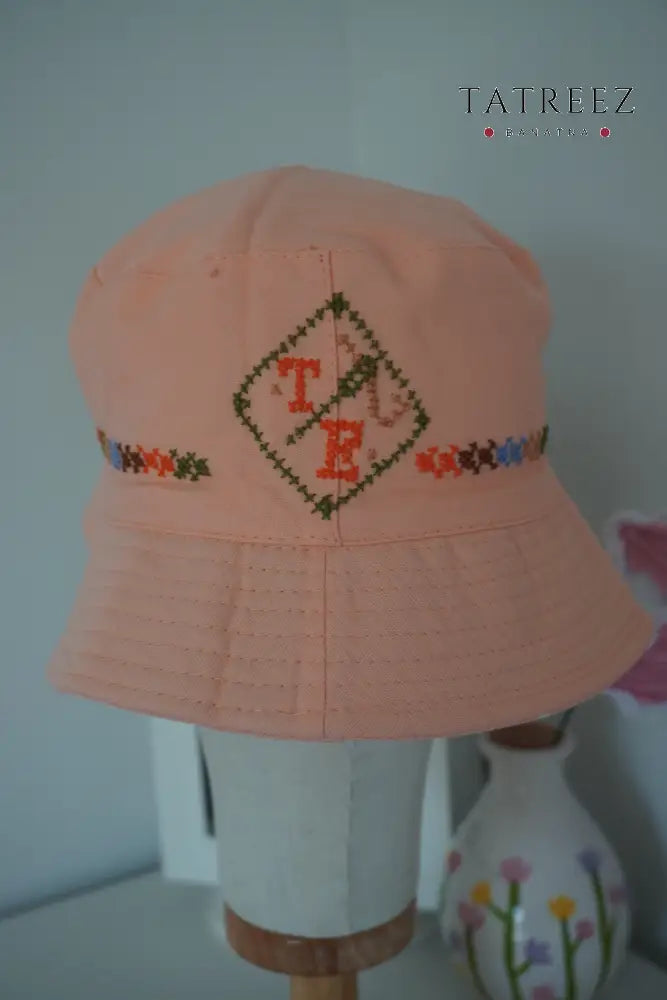 Handmade Peach/Pink Bucket Hat with TB Logo and Simple Embroidery Clothing & Wearables