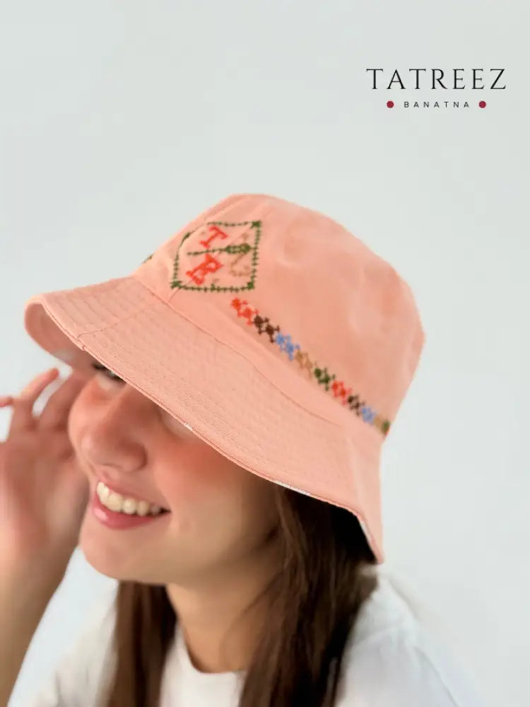 Handmade Peach/Pink Bucket Hat with TB Logo and Simple Embroidery Light Peach Clothing & Wearables