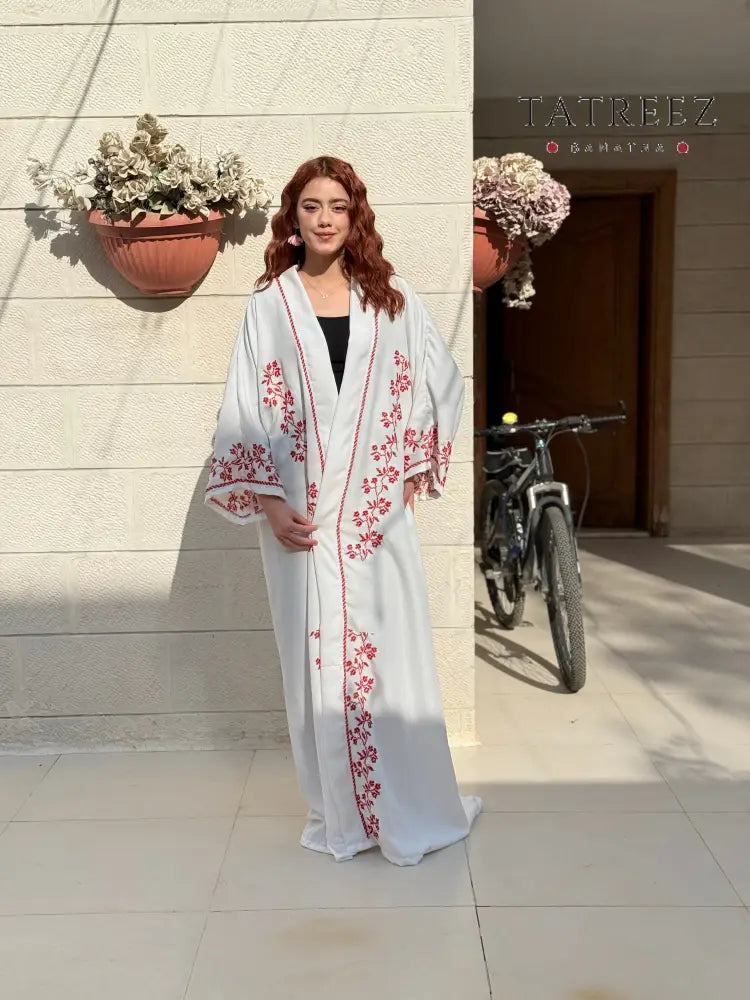 Pearl Abaya - Handmade Elegance with Red Embroidery - One size - Clothing & Wearables