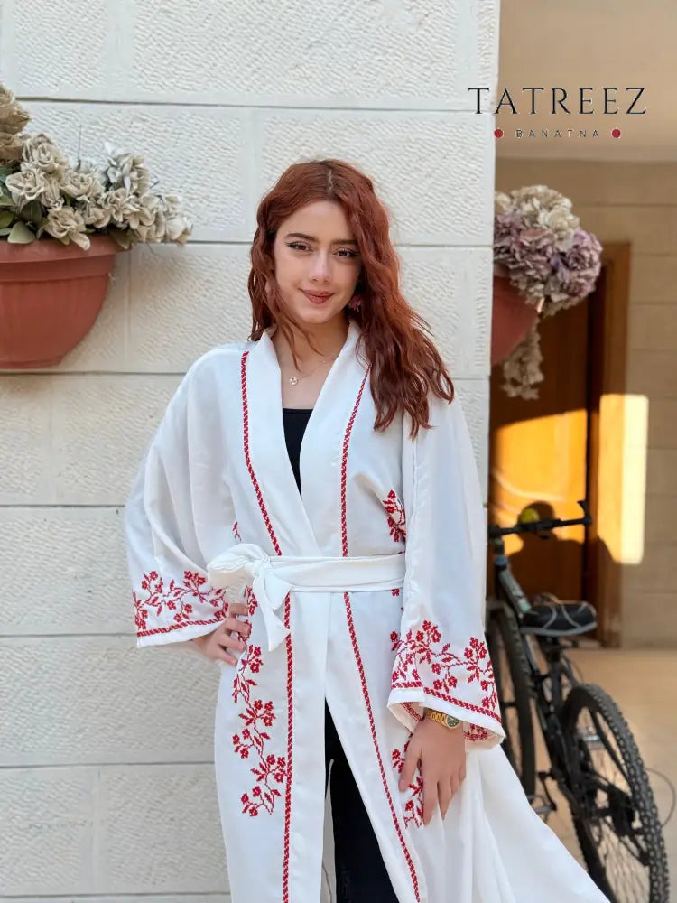 Pearl Abaya - Handmade Elegance with Red Embroidery - One size - Clothing & Wearables