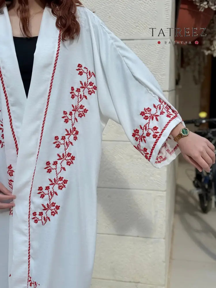 Pearl Abaya - Handmade Elegance with Red Embroidery - One size - Clothing & Wearables