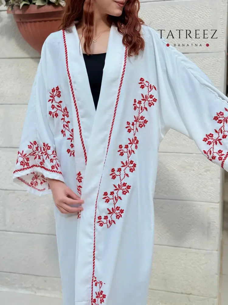 Pearl Abaya - Handmade Elegance with Red Embroidery - One size - Clothing & Wearables