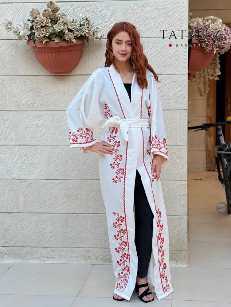 Pearl Abaya - Handmade Elegance with Red Embroidery - One size - Clothing & Wearables
