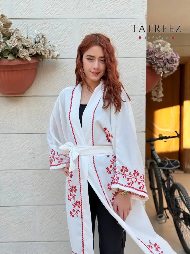 Pearl Abaya - Handmade Elegance with Red Embroidery - One size - Clothing & Wearables