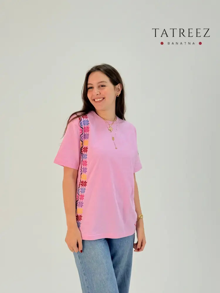 Pink Tatreez Embroidered T-Shirt | Handmade Palestinian Cotton Tee Clothing & Wearables