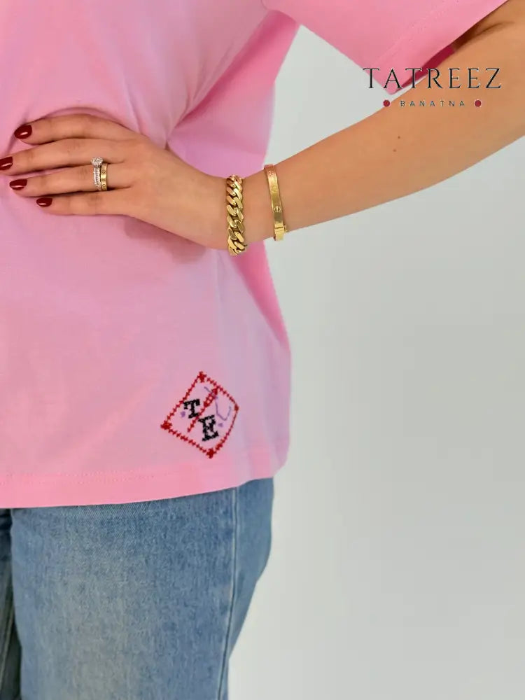 Pink Tatreez Embroidered T-Shirt | Handmade Palestinian Cotton Tee Clothing & Wearables