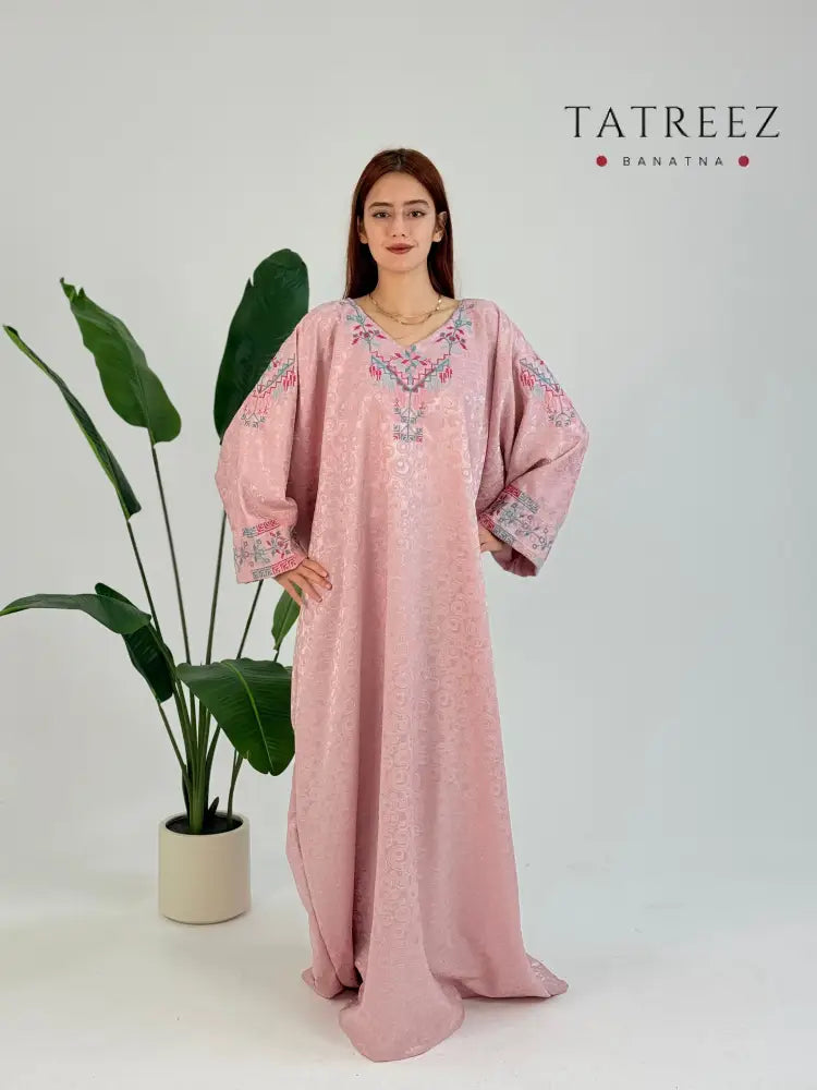 Elegant Pink Farasha Abaya with Handmade Embroidery – Comfortable Crepe Jacquard One size Clothing & Wearables