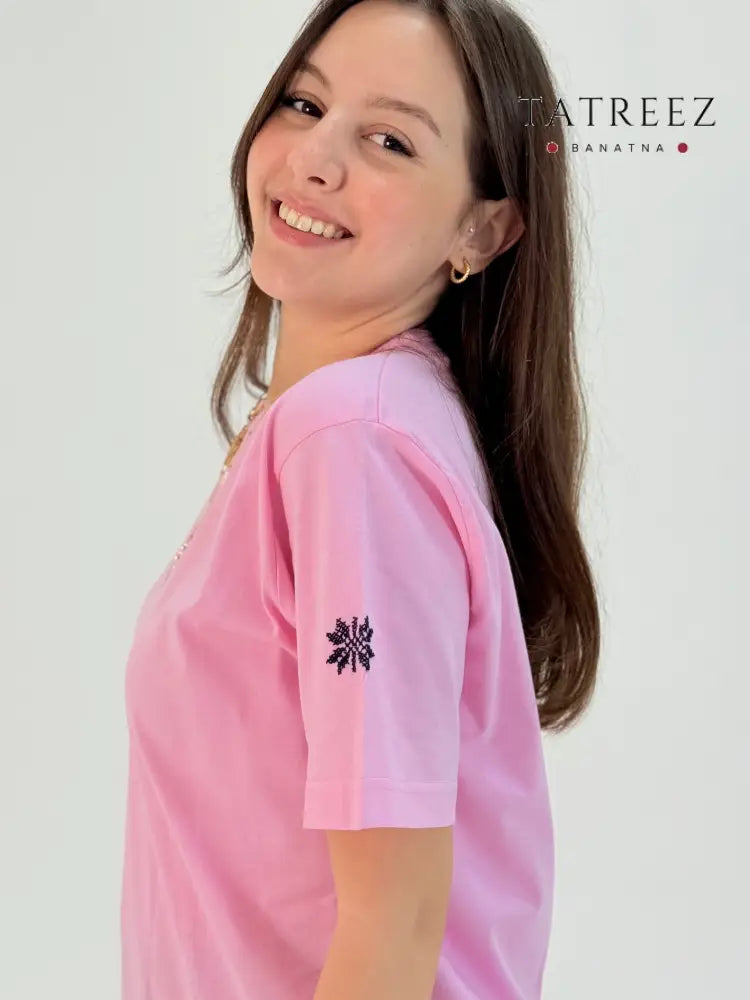 Hand-Embroidered Pink T-Shirt with Palestinian Flag Design | Tatreez Banatna Clothing & Wearables