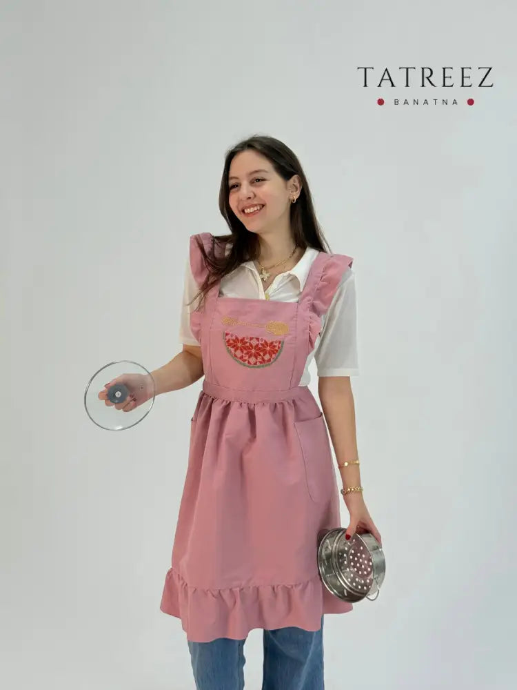 Pink Waterproof Apron with Embroidered Watermelon | Handmade Clothing & Wearables
