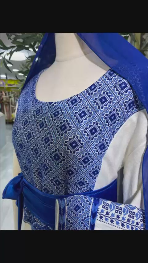 Hand-Embroidered Navy Thoub from Yata Al Khalil, West Bank - Batiste Fabric