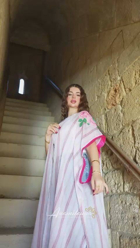 Handmade Light Chiffon Striped Abaya with Satin Trim | Floral Embroidery