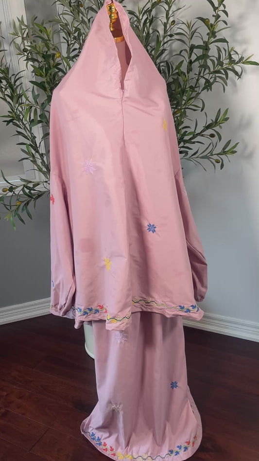 Handmade Light Purple Prayer Set with Embroidery and Sleeves | Two-Piece Khimar & Skirt