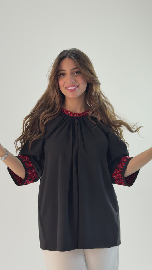 Elegant Shoulder-Cut Top with Palestinian Embroidery | Customizable Twill Fabric Design