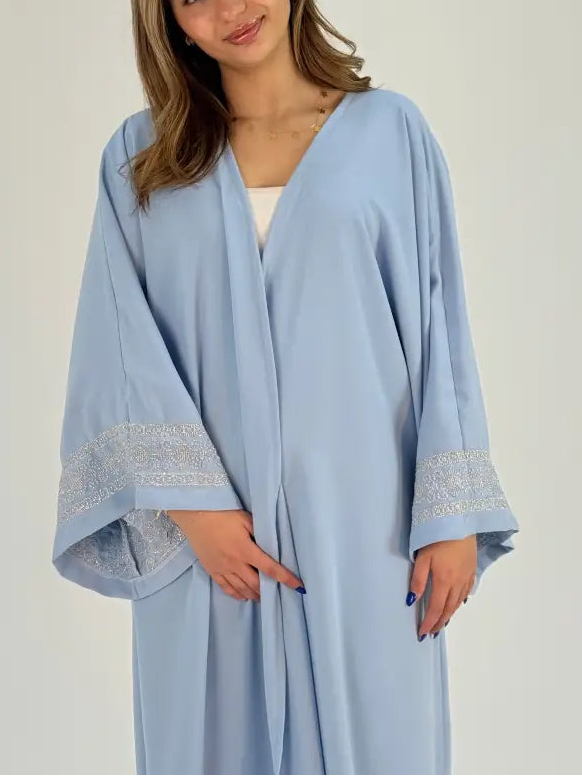 Princess Light Baby Blue Abaya with Silver Handmade Embroidery One size Clothing & Wearables