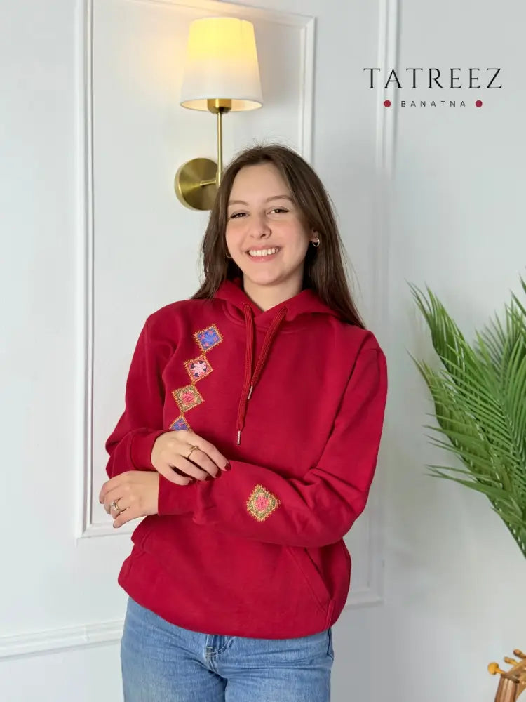 Red Hoodie with Palestinian Tatreez Embroidery | Handmade Clothing & Wearables