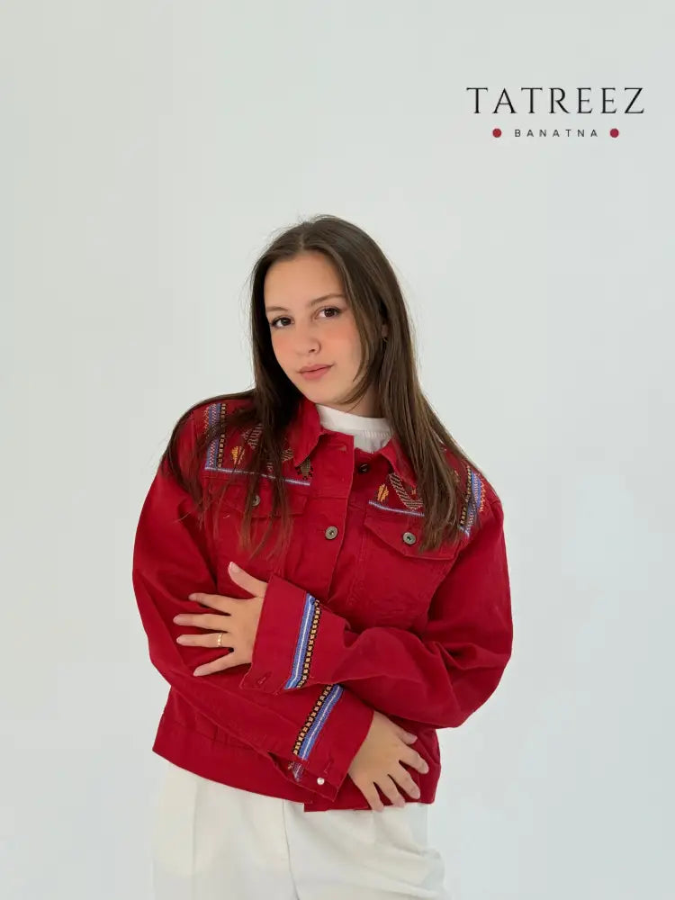 Red Jeans Jacket with Beautiful Blue Orange and Green Embroidery - Clothing & Wearables