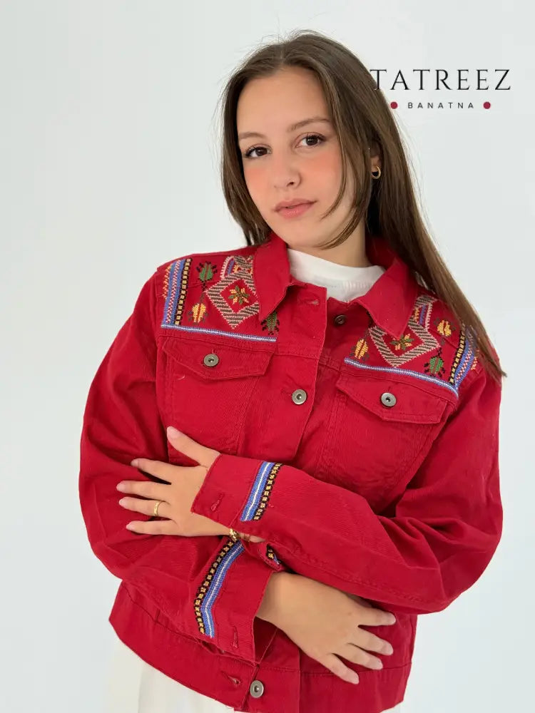 Red Jeans Jacket with Beautiful Blue Orange and Green Embroidery - Clothing & Wearables