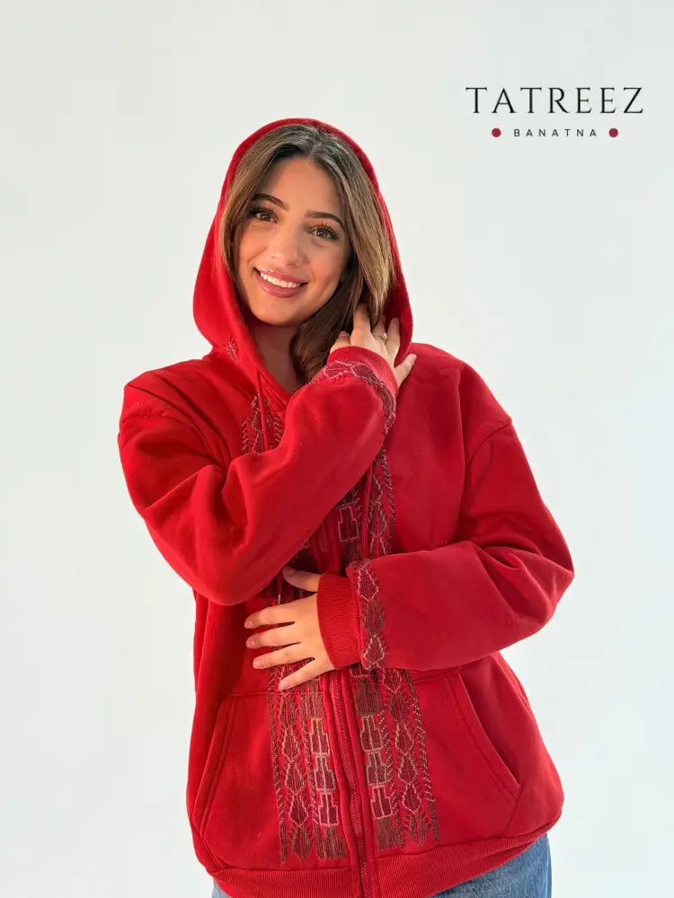 Stylish Red Zipper Hoodie with Handmade Tatreez Embroidery | Unique Artisan Fashion Clothing & Wearables