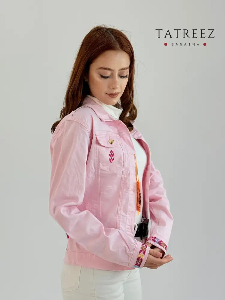 Rose Chic Denim Jacket | Embroidered Pink Jacket with Elegant Back Design Clothing & Wearables