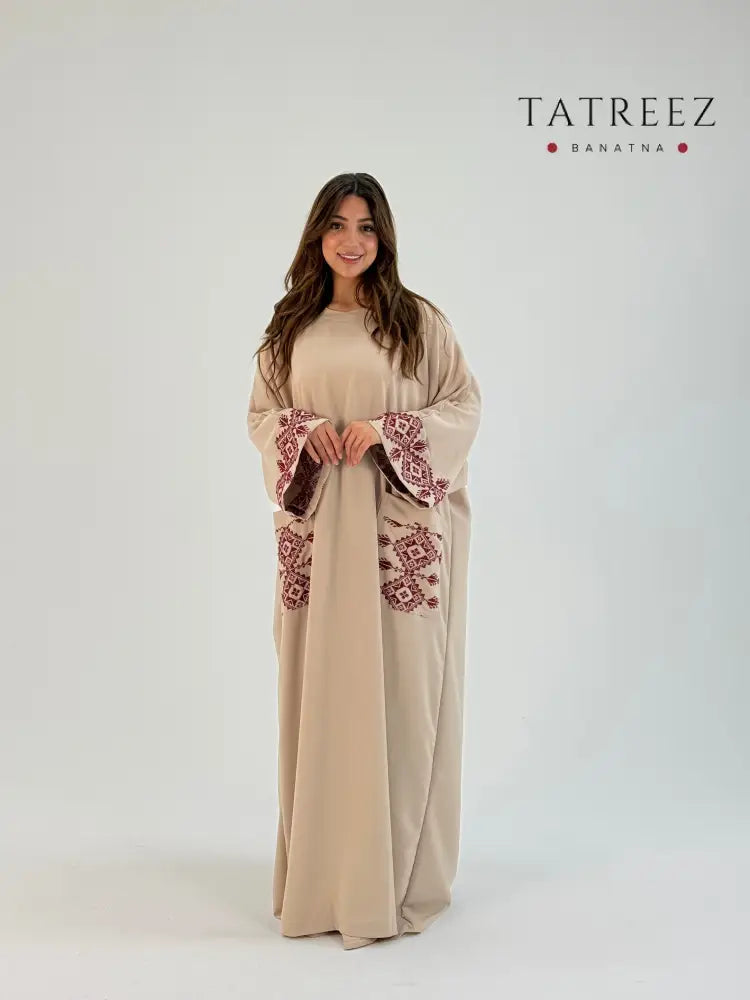 Sabah | Elegant Handmade Abaya in Light Beige Georgette with Red Palestinian Embroidery One size Clothing & Wearables