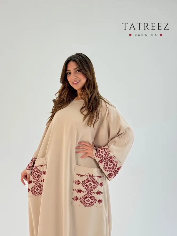 Sabah | Elegant Handmade Abaya in Light Beige Georgette with Red Palestinian Embroidery One size Clothing & Wearables