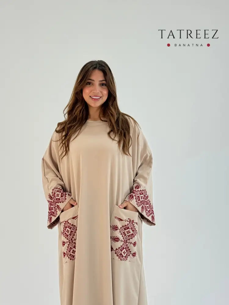 Sabah | Elegant Handmade Abaya in Light Beige Georgette with Red Palestinian Embroidery One size Clothing & Wearables