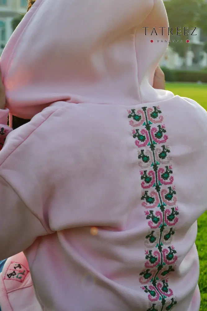 Salma - Peace Baby Pink Zipper Hoodie | Handmade Embroidery & Practical Elegance Clothing & Wearables