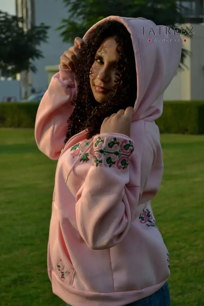 Salma - Peace Baby Pink Zipper Hoodie | Handmade Embroidery & Practical Elegance Clothing & Wearables