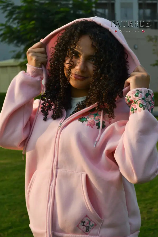 Salma - Peace Baby Pink Zipper Hoodie | Handmade Embroidery & Practical Elegance Clothing & Wearables