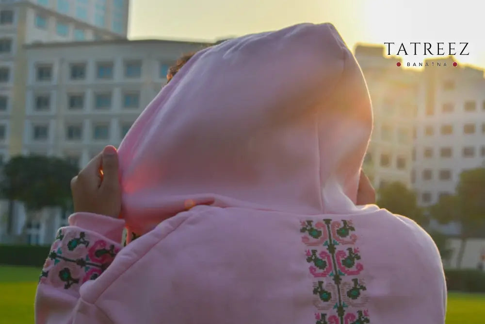 Salma - Peace Baby Pink Zipper Hoodie | Handmade Embroidery & Practical Elegance Clothing & Wearables