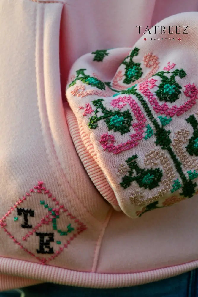 Salma - Peace Baby Pink Zipper Hoodie | Handmade Embroidery & Practical Elegance Clothing & Wearables