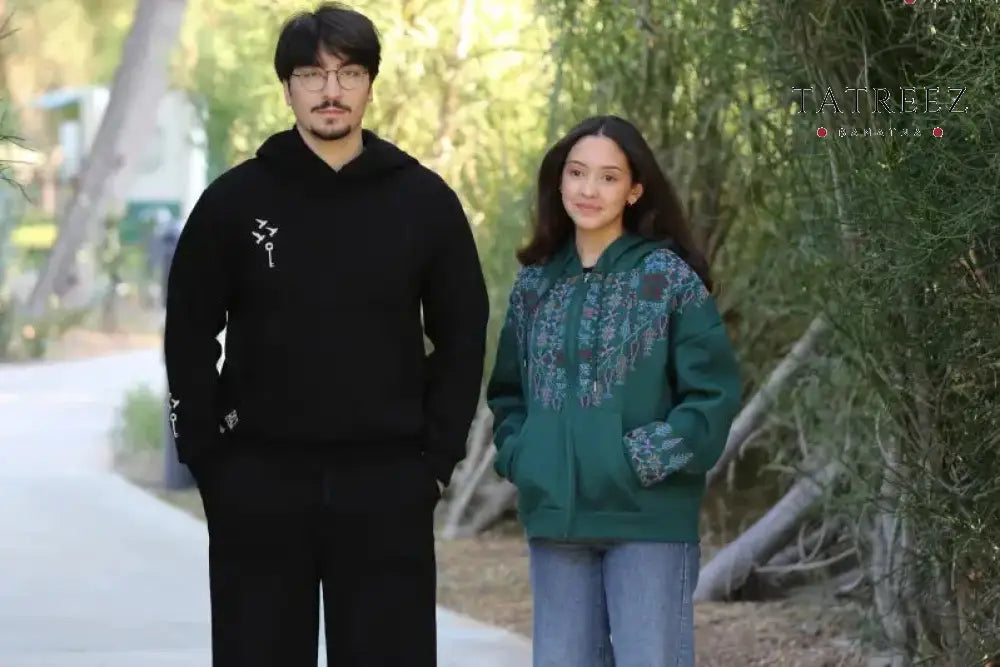 Cozy Green ’Sahar’ Hoodie - Dawn-Inspired with Zipper | Handmade Palestinian Embroidery and Floral Design Clothing &
