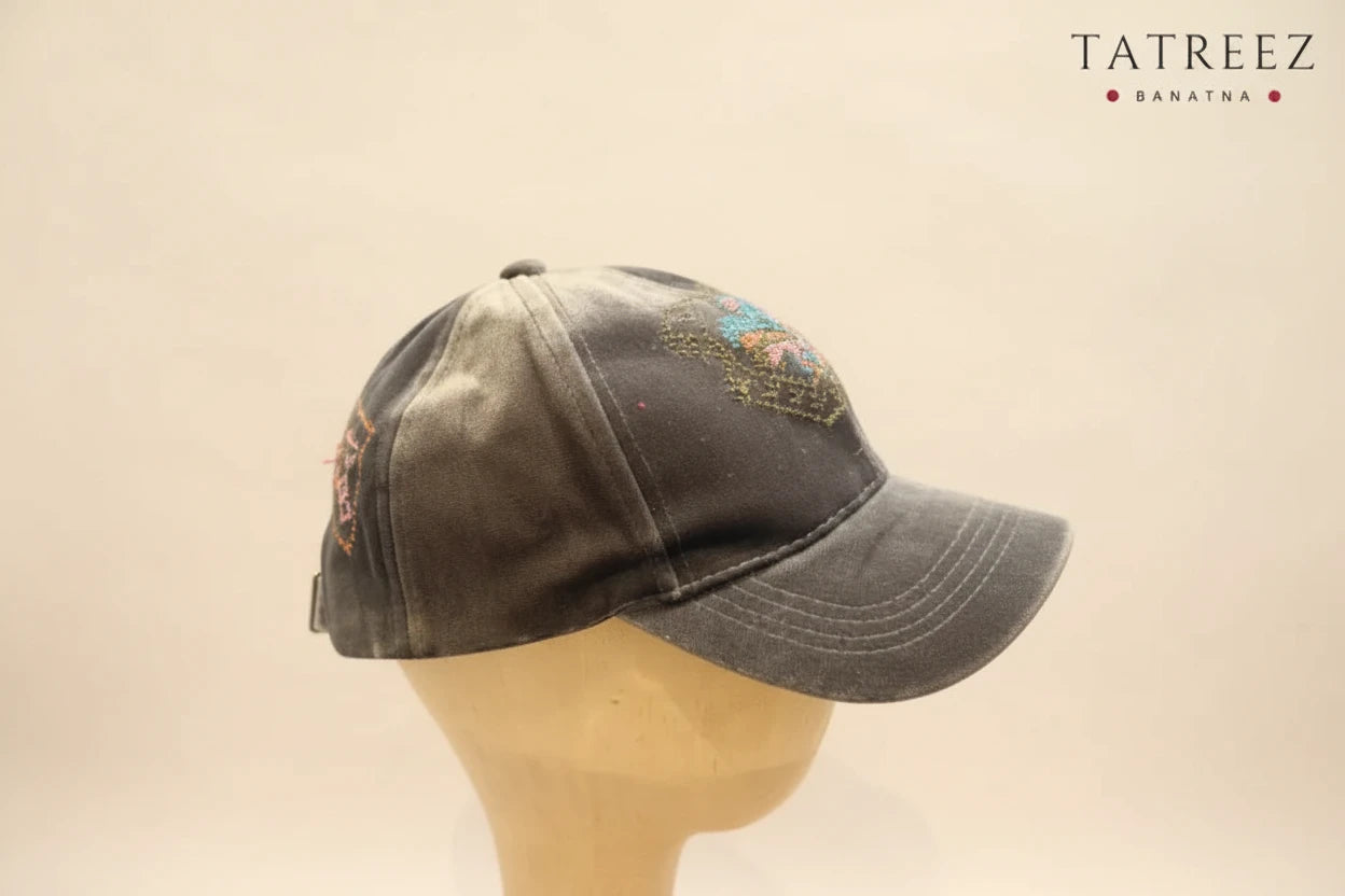 Luxurious Silver Velvet Hat with Vibrant Handmade Palestinian Embroidery Clothing & Wearables