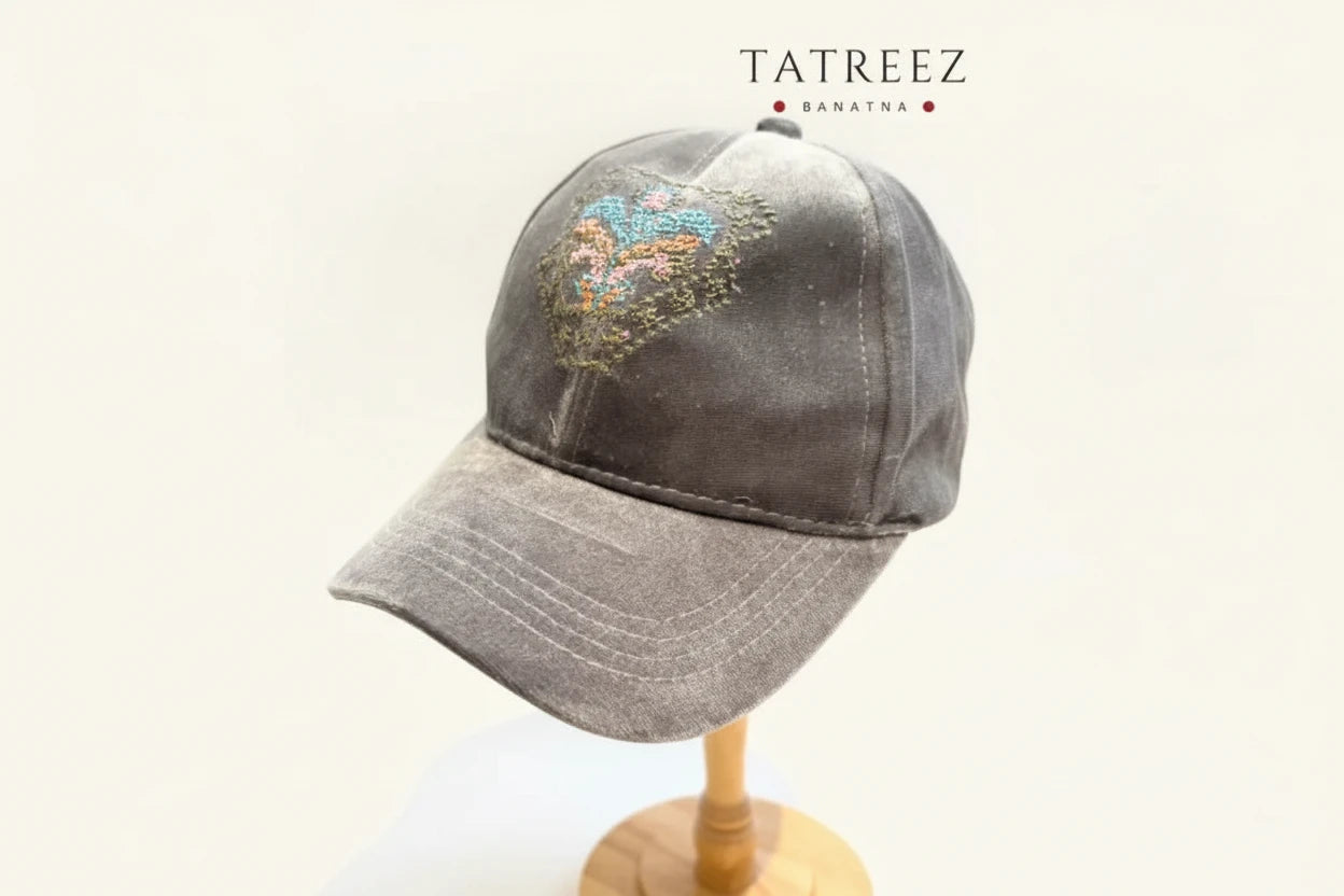 Luxurious Silver Velvet Hat with Vibrant Handmade Palestinian Embroidery Clothing & Wearables