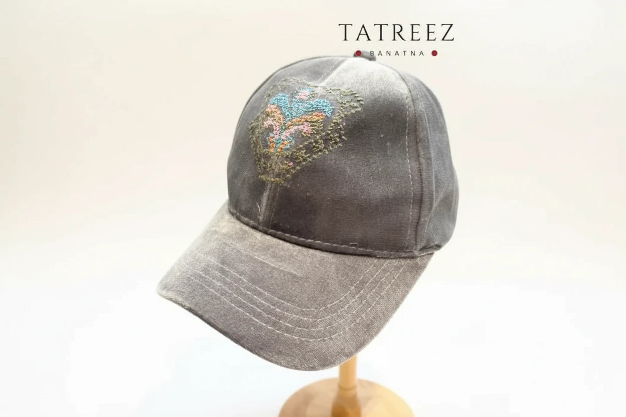 Luxurious Silver Velvet Hat with Vibrant Handmade Palestinian Embroidery Clothing & Wearables