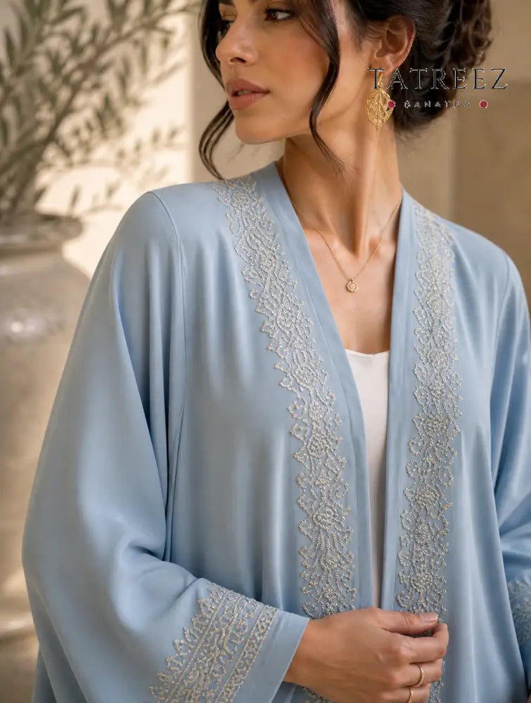 Starry Baby Blue Abaya – Handmade Silver Palestinian Tatreez - One size - Clothing & Wearables