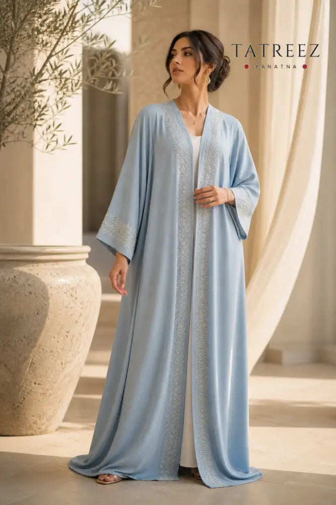 Starry Baby Blue Abaya – Handmade Silver Palestinian Tatreez - One size - Clothing & Wearables