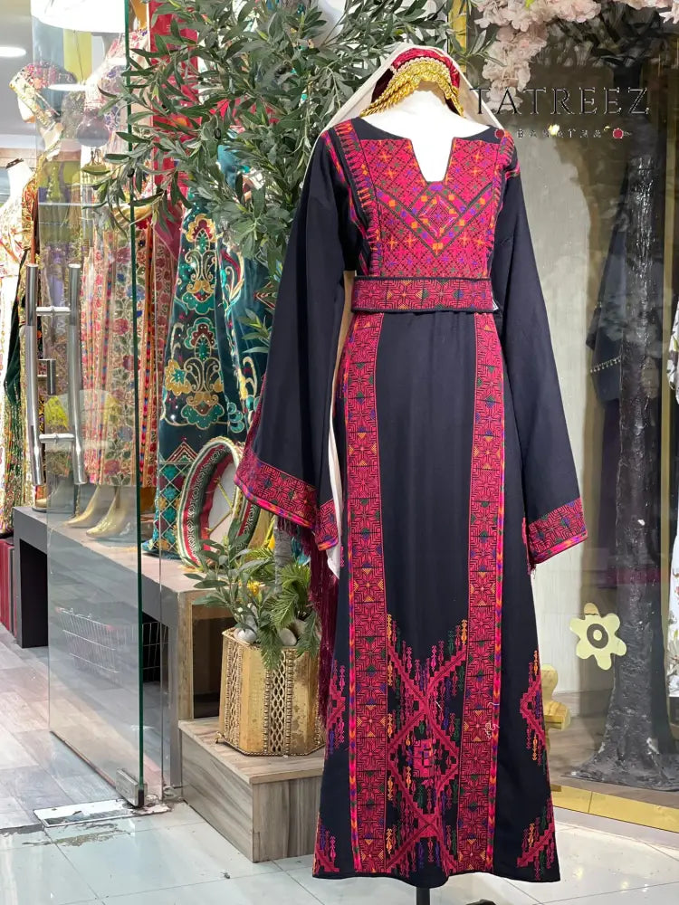 Stunning Handmade Black Thoub with Vibrant Palestinian Embroidery from Yata Al Khalil - One size - Clothing & Wearables