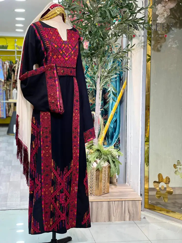 Stunning Handmade Black Thoub with Vibrant Palestinian Embroidery from Yata Al Khalil - One size - Clothing & Wearables