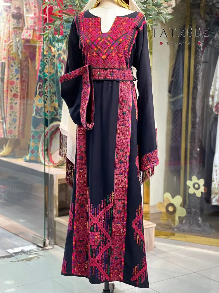 Stunning Handmade Black Thoub with Vibrant Palestinian Embroidery from Yata Al Khalil - One size - Clothing & Wearables