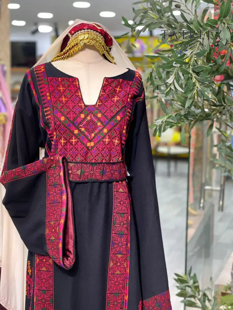 Stunning Handmade Black Thoub with Vibrant Palestinian Embroidery from Yata Al Khalil - One size - Clothing & Wearables