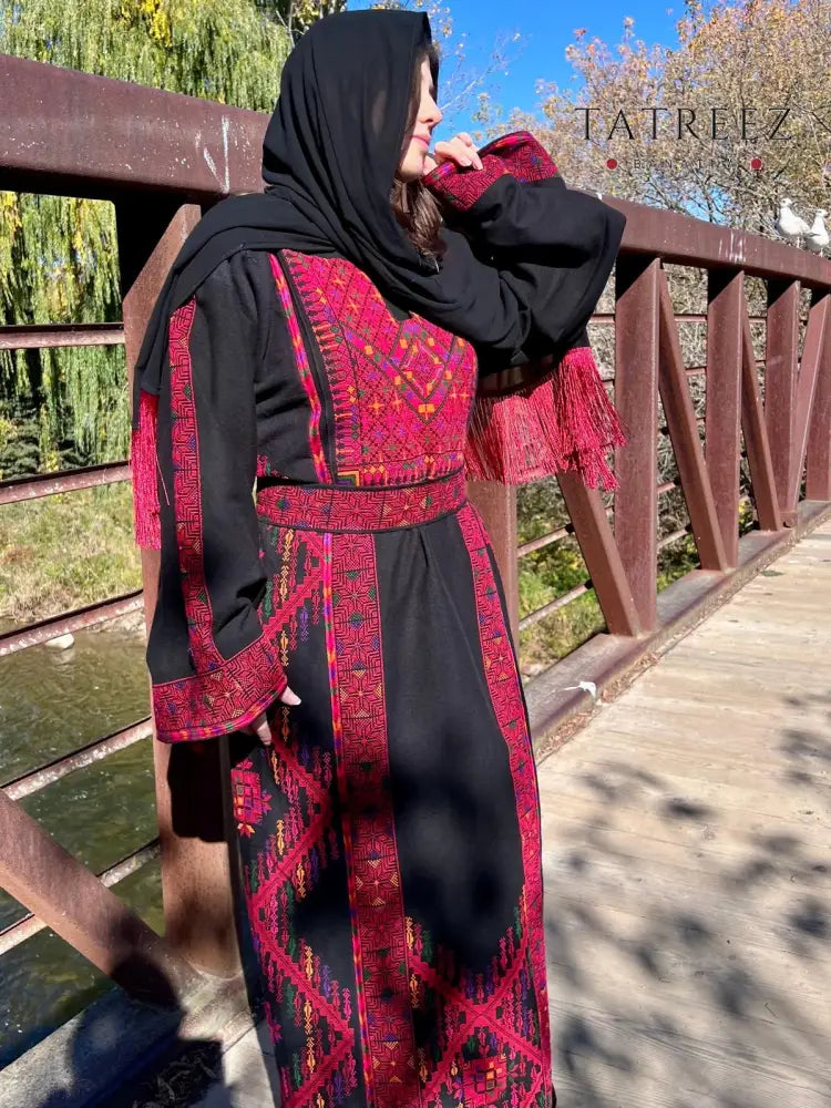 Stunning Handmade Black Thoub with Vibrant Palestinian Embroidery from Yata Al Khalil - One size - Clothing & Wearables